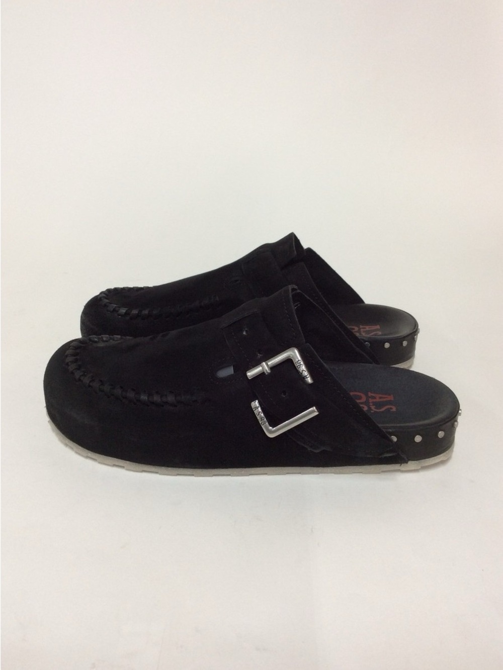 A.S.98 Black Suede Whipstitch Slide Mule with Buckle EU 41 US 9.5-10